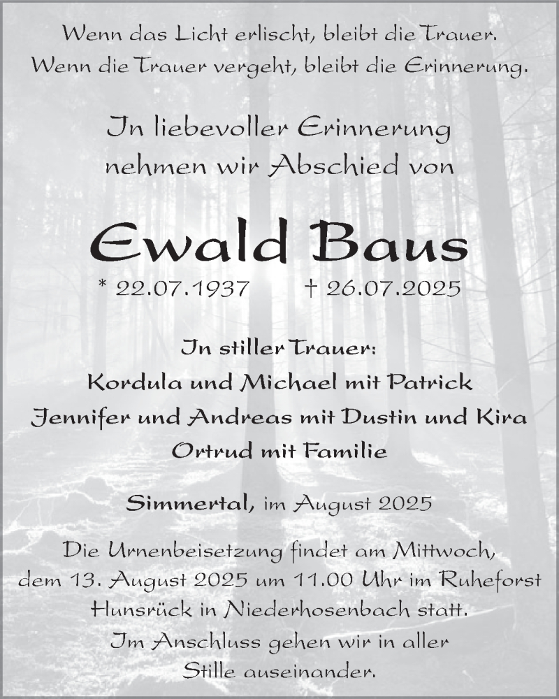  Traueranzeige für Ewald Baus vom 09.08.2025 aus WochenSpiegel