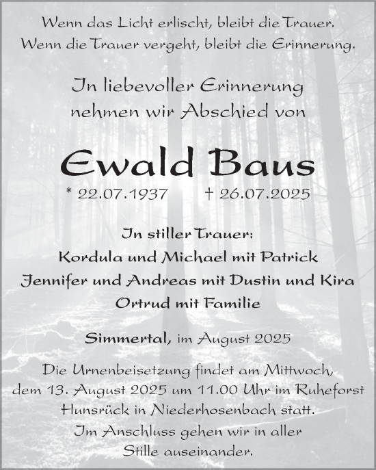 Traueranzeige von Ewald Baus von WochenSpiegel