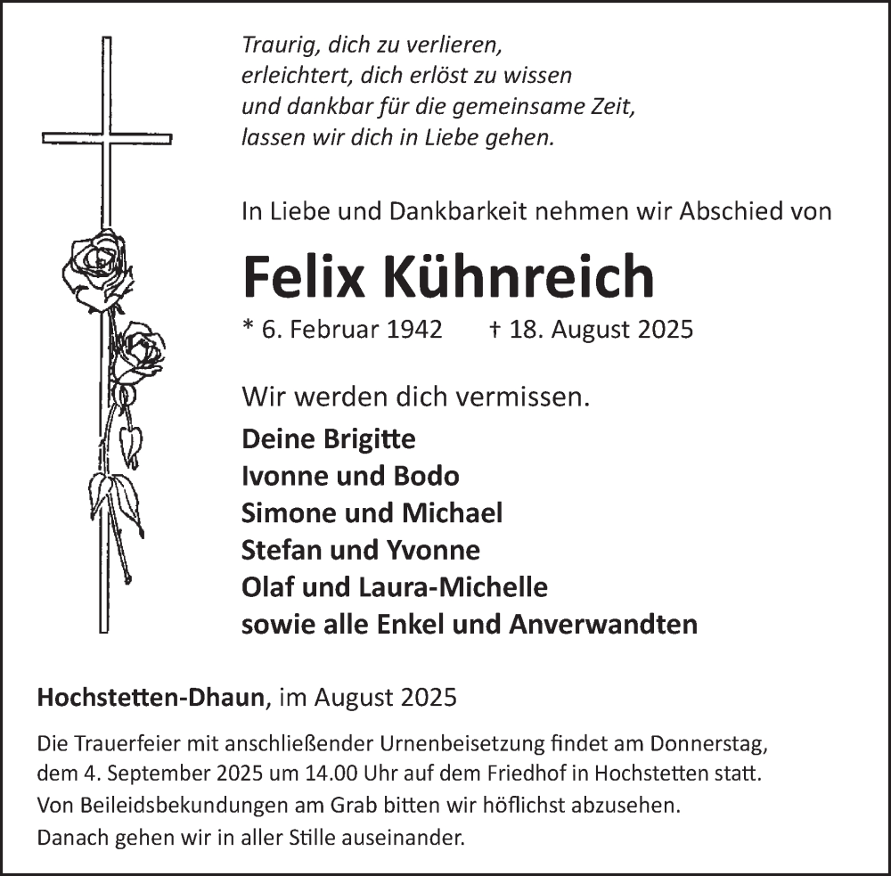 Traueranzeige für Felix Kühnreich vom 30.08.2025 aus WochenSpiegel