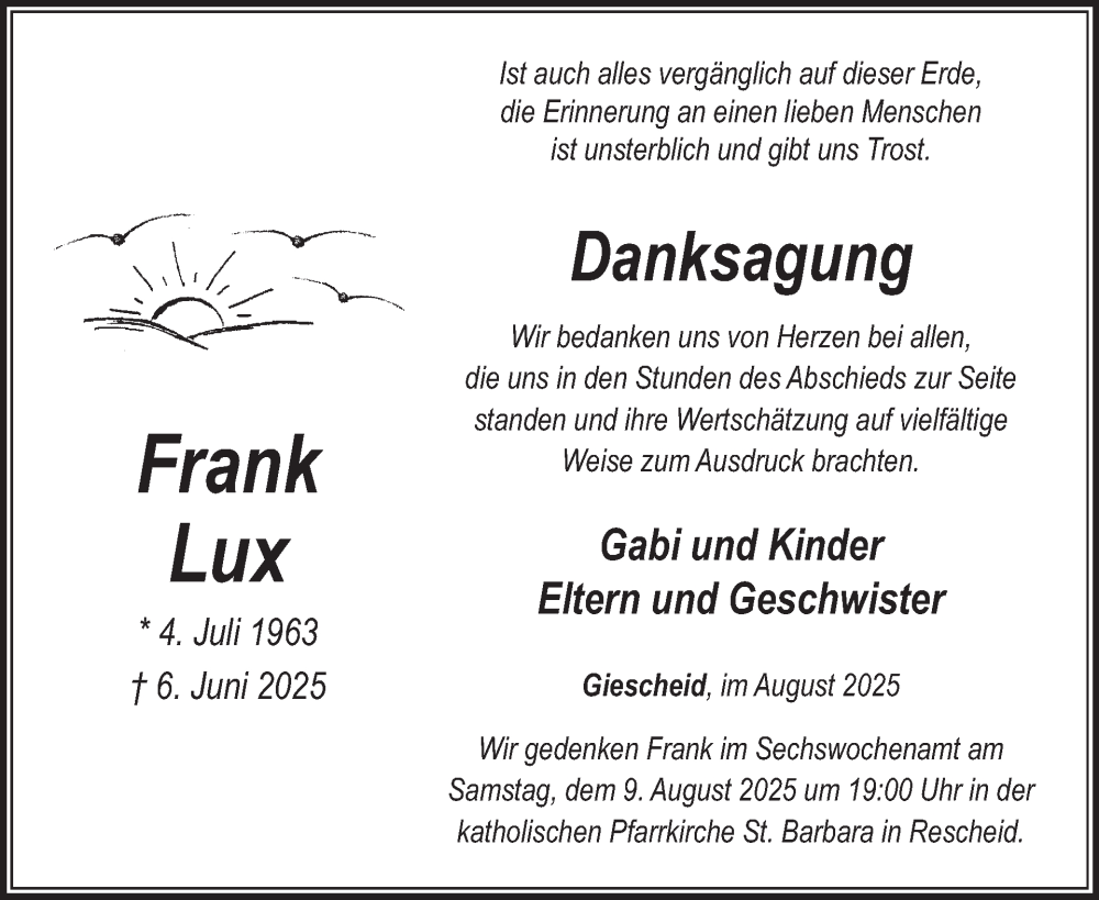  Traueranzeige für Frank Lux vom 06.08.2025 aus WochenSpiegel