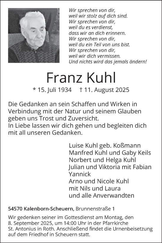 Traueranzeige von Franz Kuhl von WochenSpiegel