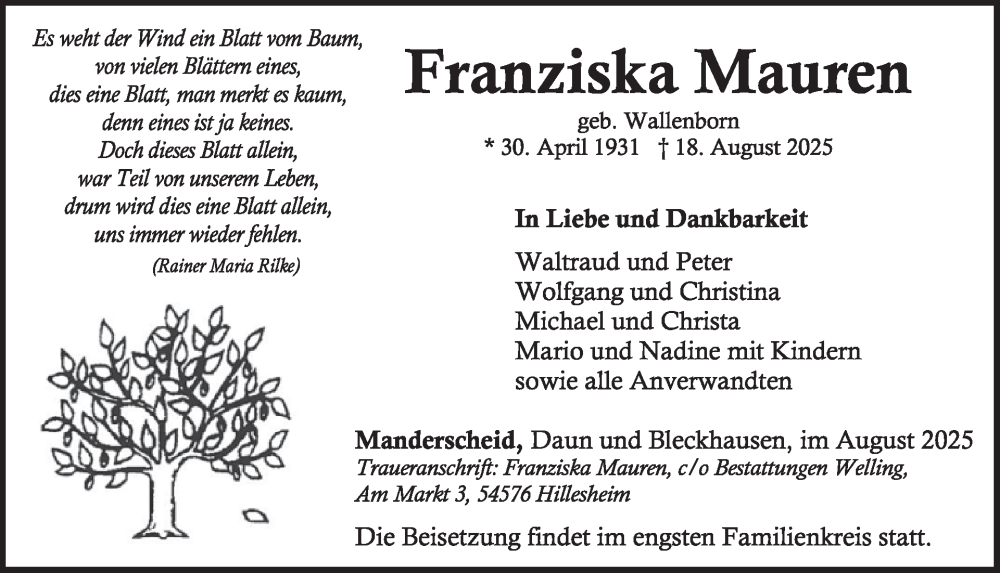  Traueranzeige für Franziska Mauren vom 30.08.2025 aus WochenSpiegel