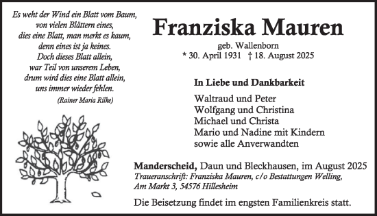 Traueranzeige von Franziska Mauren von WochenSpiegel