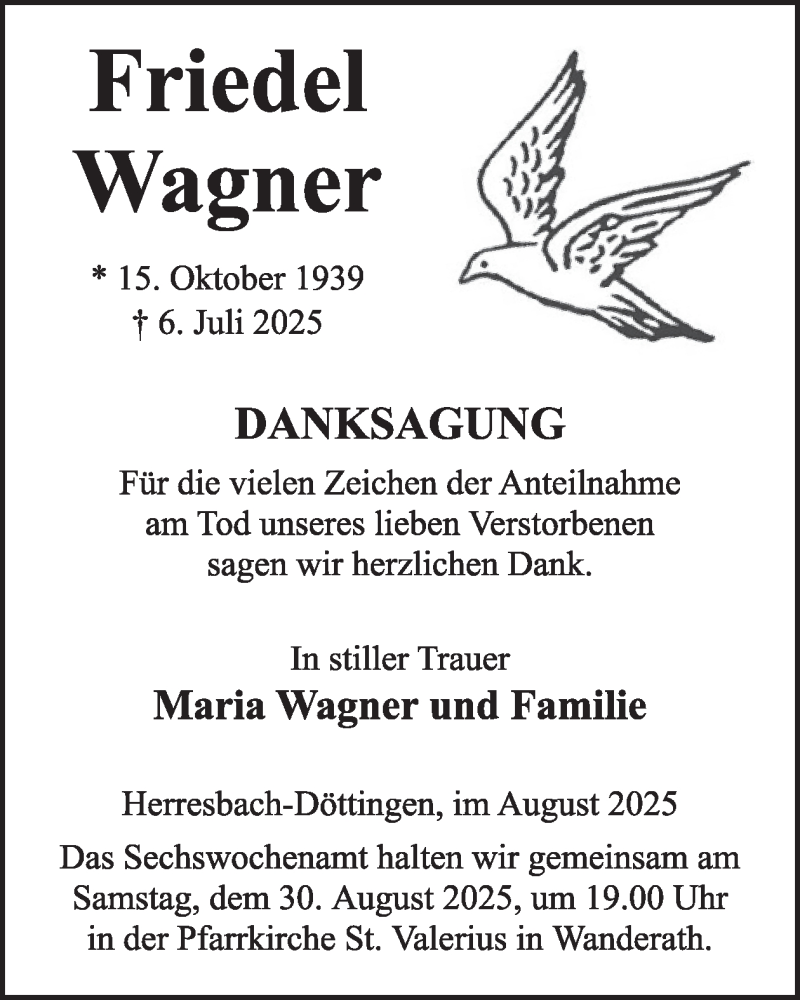  Traueranzeige für Friedel Wagner vom 20.08.2025 aus WochenSpiegel