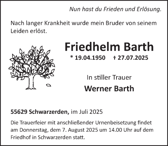 Traueranzeige von Friedhelm Barth von WochenSpiegel