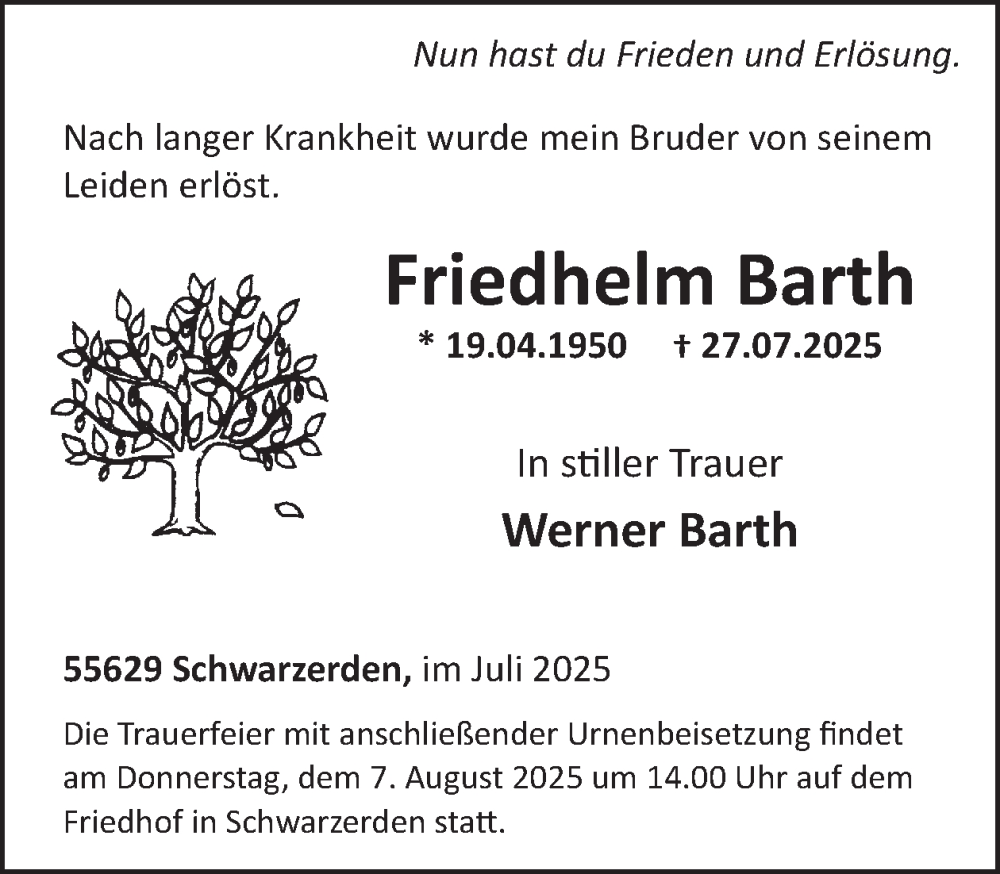  Traueranzeige für Friedhelm Barth vom 02.08.2025 aus WochenSpiegel