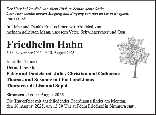 Traueranzeige von Friedhelm Hahn von WochenSpiegel