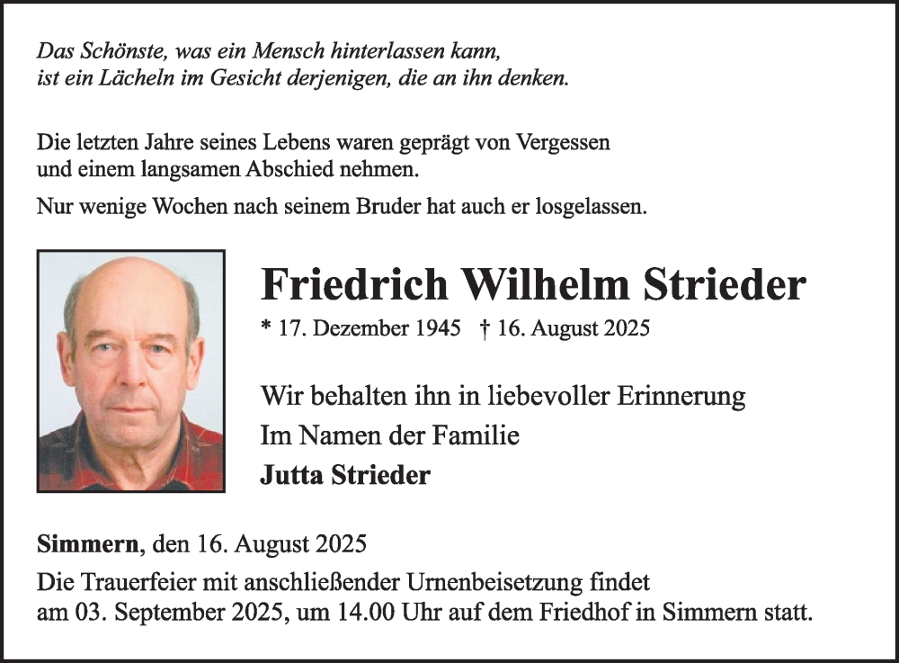  Traueranzeige für Friedrich Wilhelm Strieder vom 30.08.2025 aus WochenSpiegel