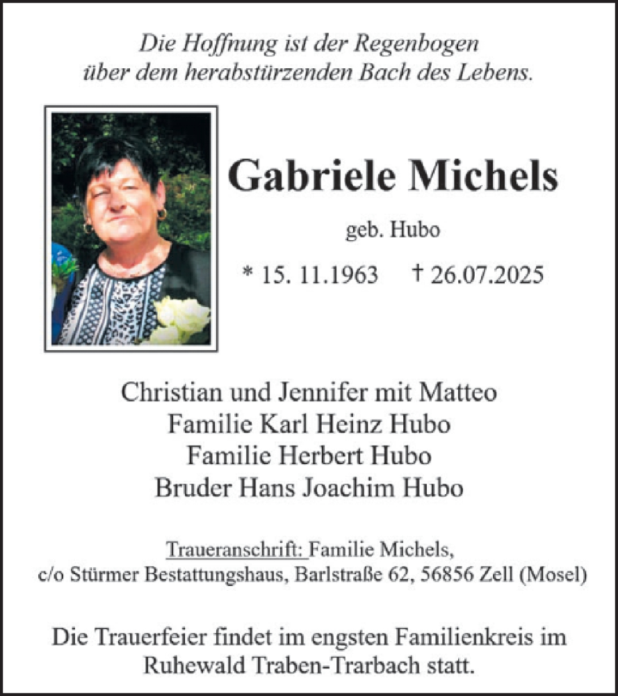  Traueranzeige für Gabriele Michels vom 08.08.2025 aus WochenSpiegel