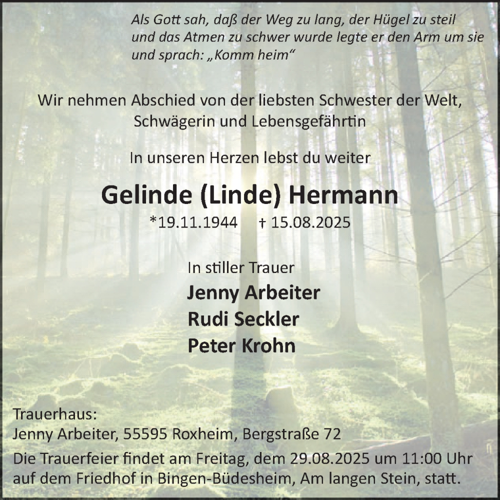 Traueranzeige für Gelinde Hermann vom 23.08.2025 aus WochenSpiegel