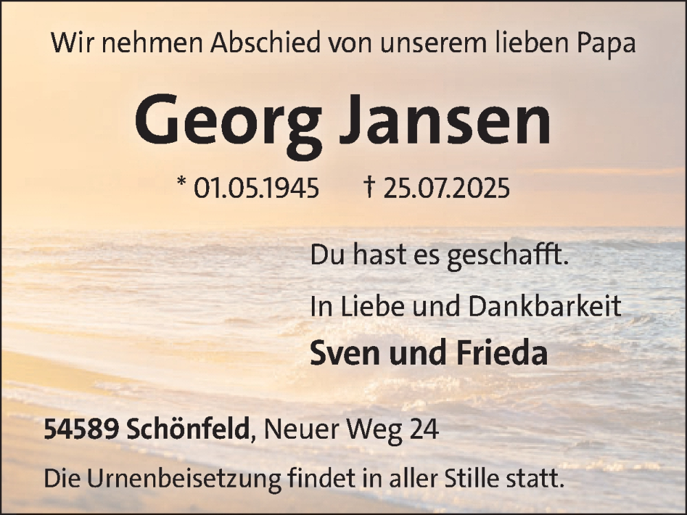  Traueranzeige für Georg Jansen vom 02.08.2025 aus WochenSpiegel