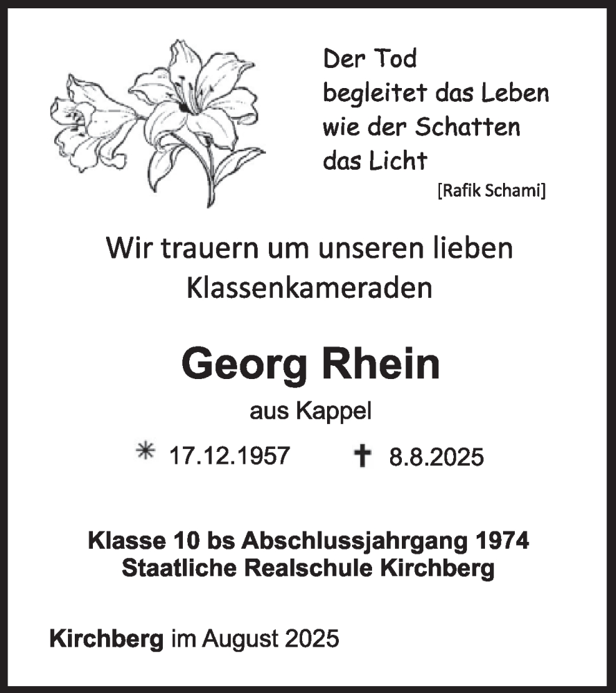  Traueranzeige für Georg Rhein vom 23.08.2025 aus WochenSpiegel