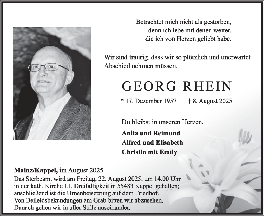  Traueranzeige für Georg Rhein vom 16.08.2025 aus WochenSpiegel