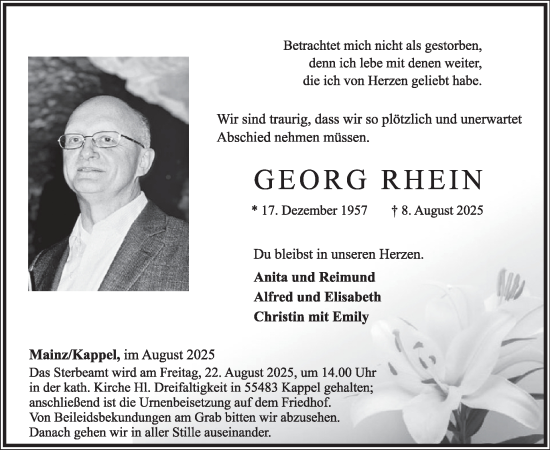 Traueranzeige von Georg Rhein von WochenSpiegel