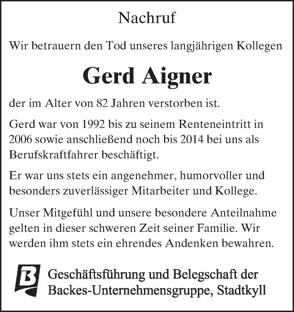  Traueranzeige für Gerd Aigner vom 21.06.2024 aus WochenSpiegel