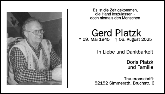 Traueranzeige von Gerd Platzk von WochenSpiegel