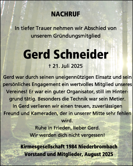 Traueranzeige von Gerd Schneider von WochenSpiegel