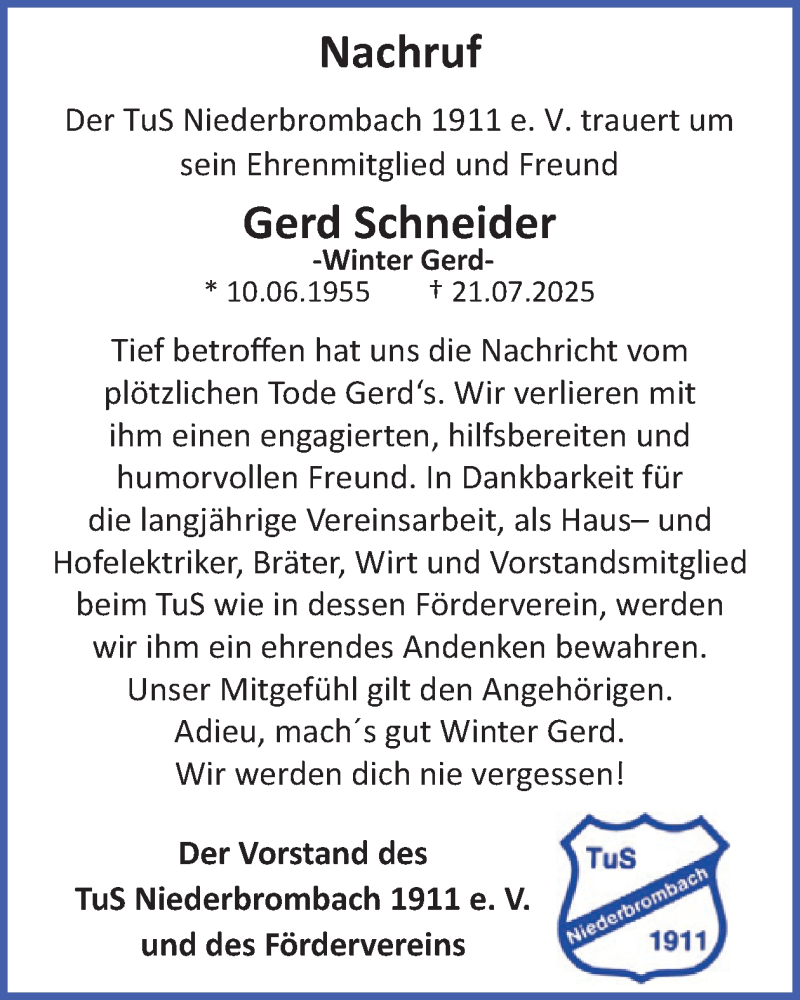  Traueranzeige für Gerd Schneider vom 30.08.2025 aus WochenSpiegel