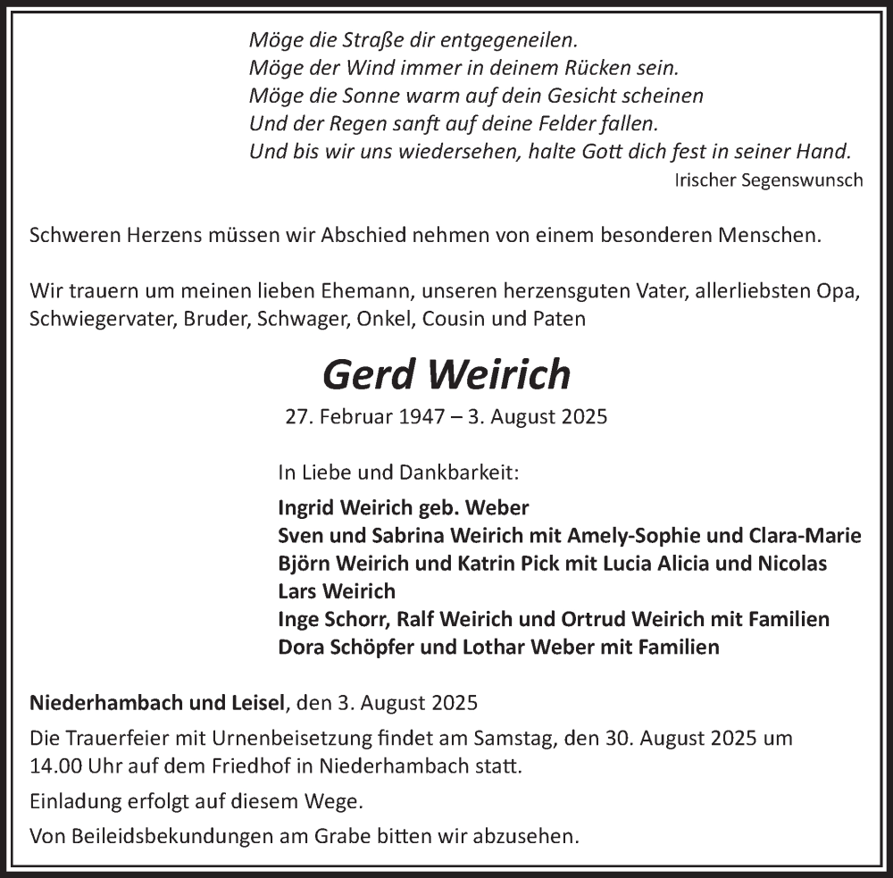  Traueranzeige für Gerd Weirich vom 23.08.2025 aus WochenSpiegel
