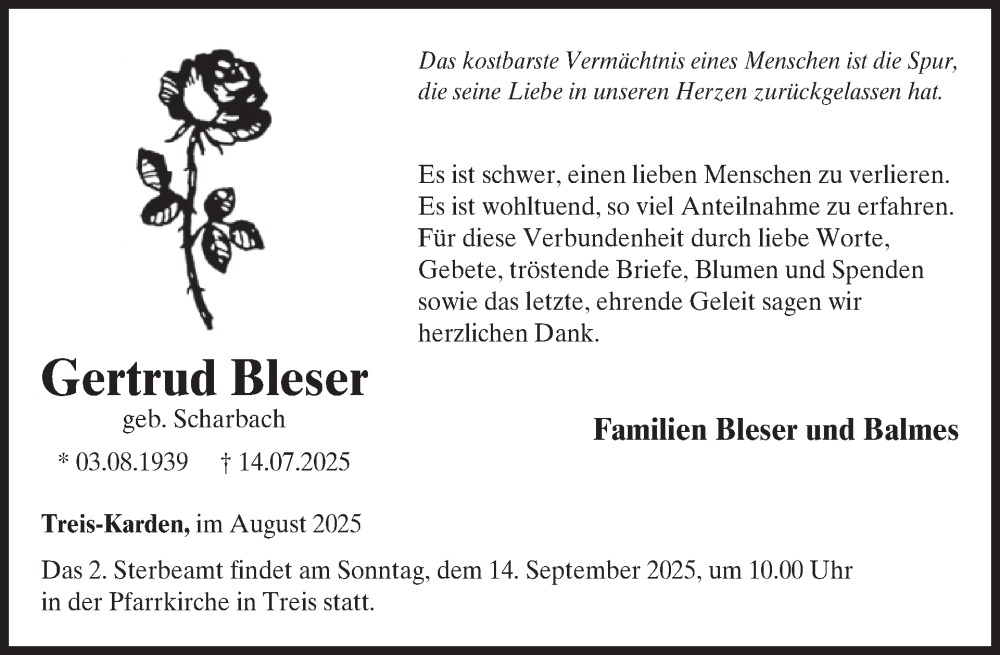  Traueranzeige für Gertrud Bleser vom 27.08.2025 aus WochenSpiegel
