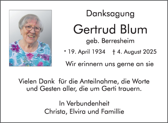 Traueranzeige von Gertrud Blum von WochenSpiegel