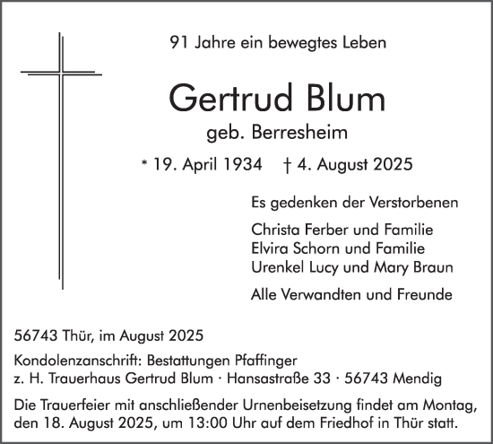 Traueranzeige von Gertrud Blum von WochenSpiegel