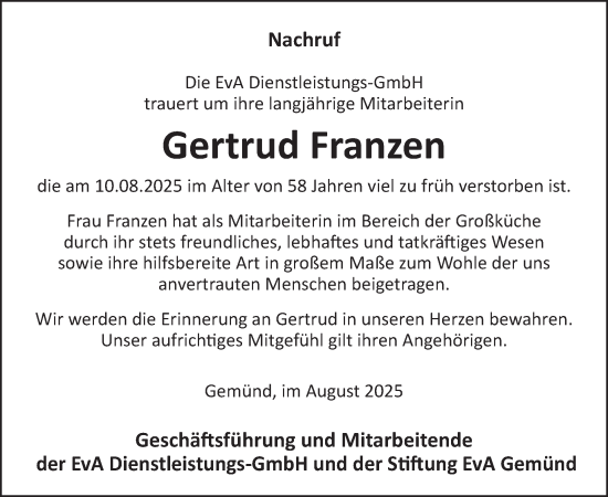 Traueranzeige von Gertrud Franzen von WochenSpiegel
