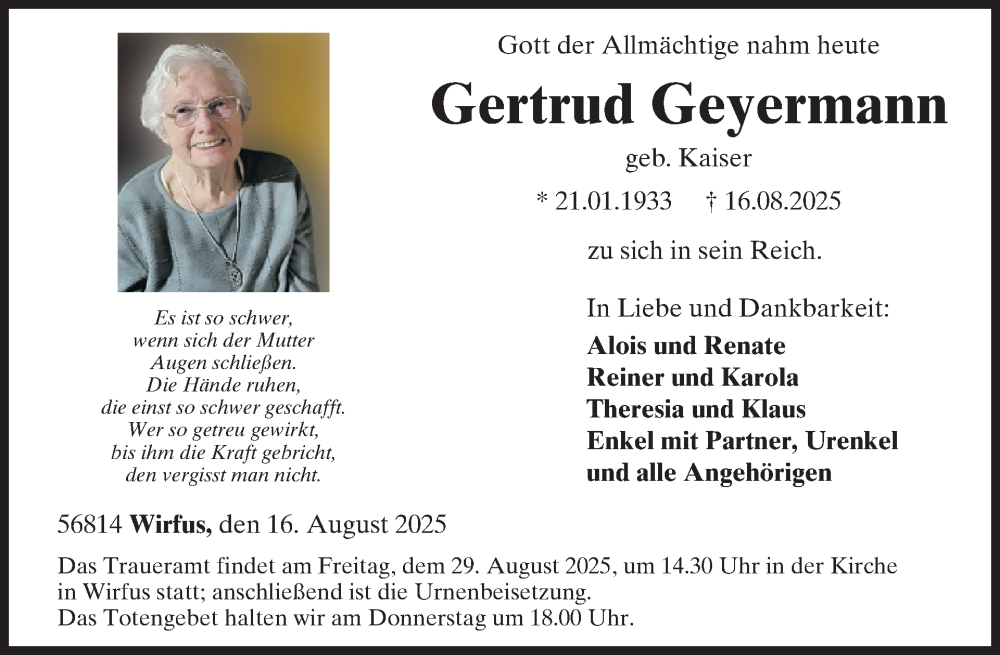  Traueranzeige für Gertrud Geyermann vom 27.08.2025 aus WochenSpiegel