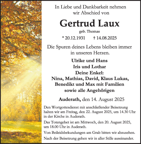 Traueranzeige von Gertrud Laux von WochenSpiegel