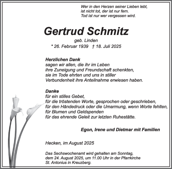 Traueranzeige von Gertrud Schmitz von WochenSpiegel