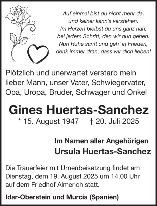 Traueranzeige von Gines Huertas-Sanchez von WochenSpiegel