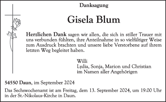 Traueranzeige von Gisela Blum von WochenSpiegel