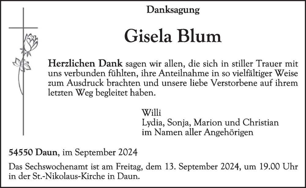  Traueranzeige für Gisela Blum vom 07.09.2024 aus WochenSpiegel