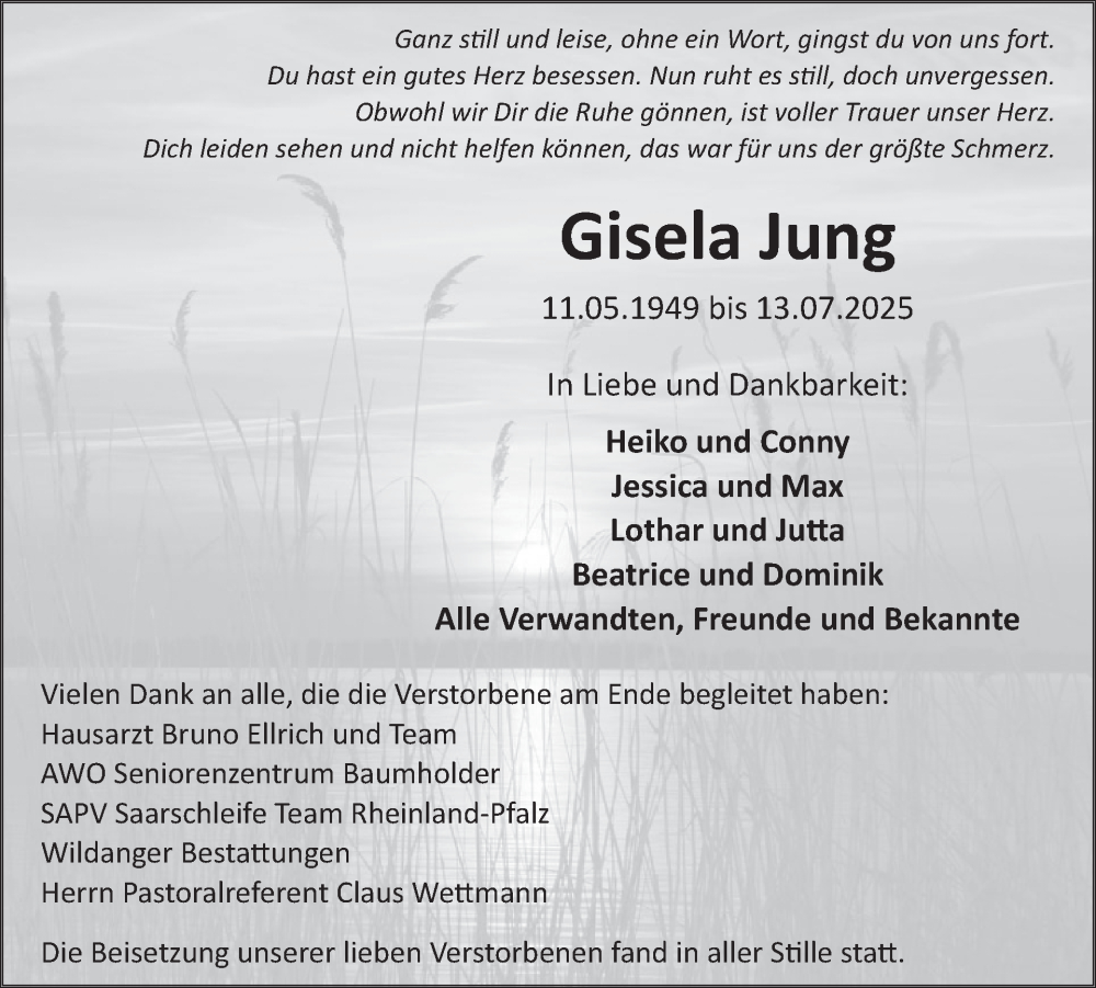  Traueranzeige für Gisela Jung vom 23.08.2025 aus WochenSpiegel