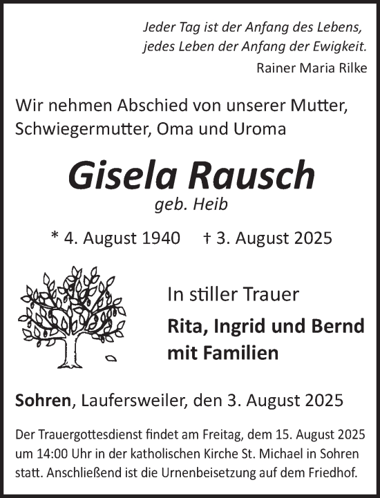 Traueranzeige von Gisela Rausch von WochenSpiegel