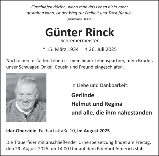 Traueranzeige von Günter Rinck von WochenSpiegel