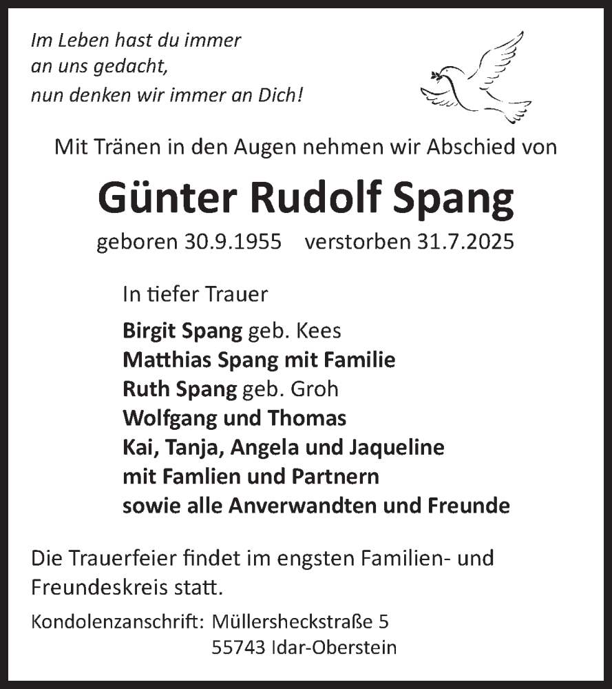  Traueranzeige für Günter Rudolf Spang vom 16.08.2025 aus WochenSpiegel