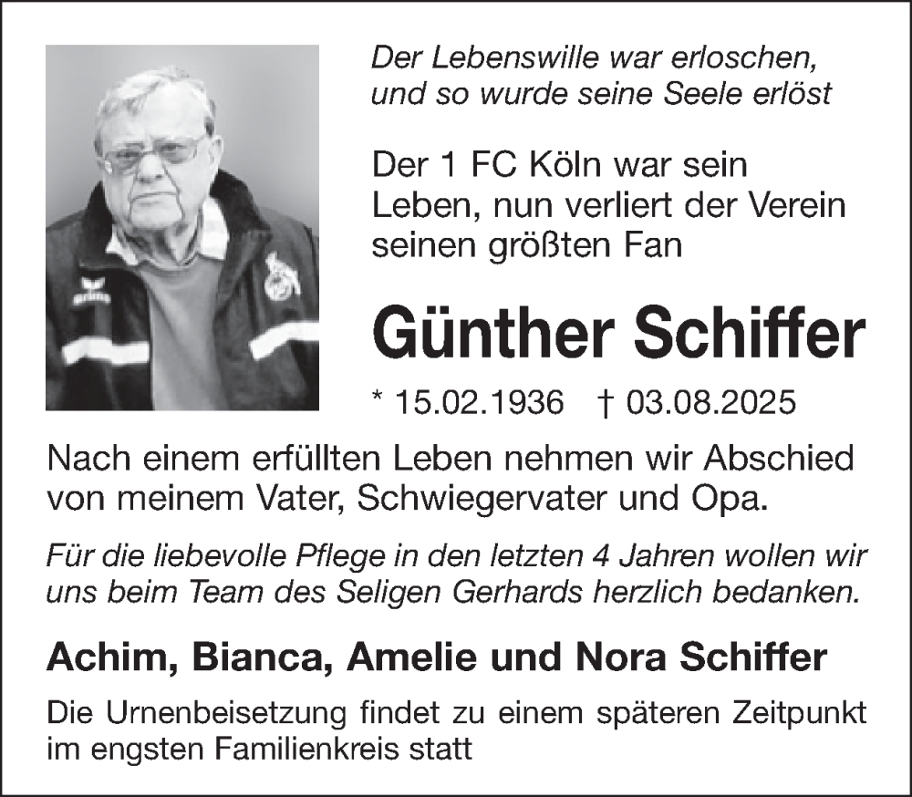  Traueranzeige für Günther Schiffer vom 20.08.2025 aus WochenSpiegel