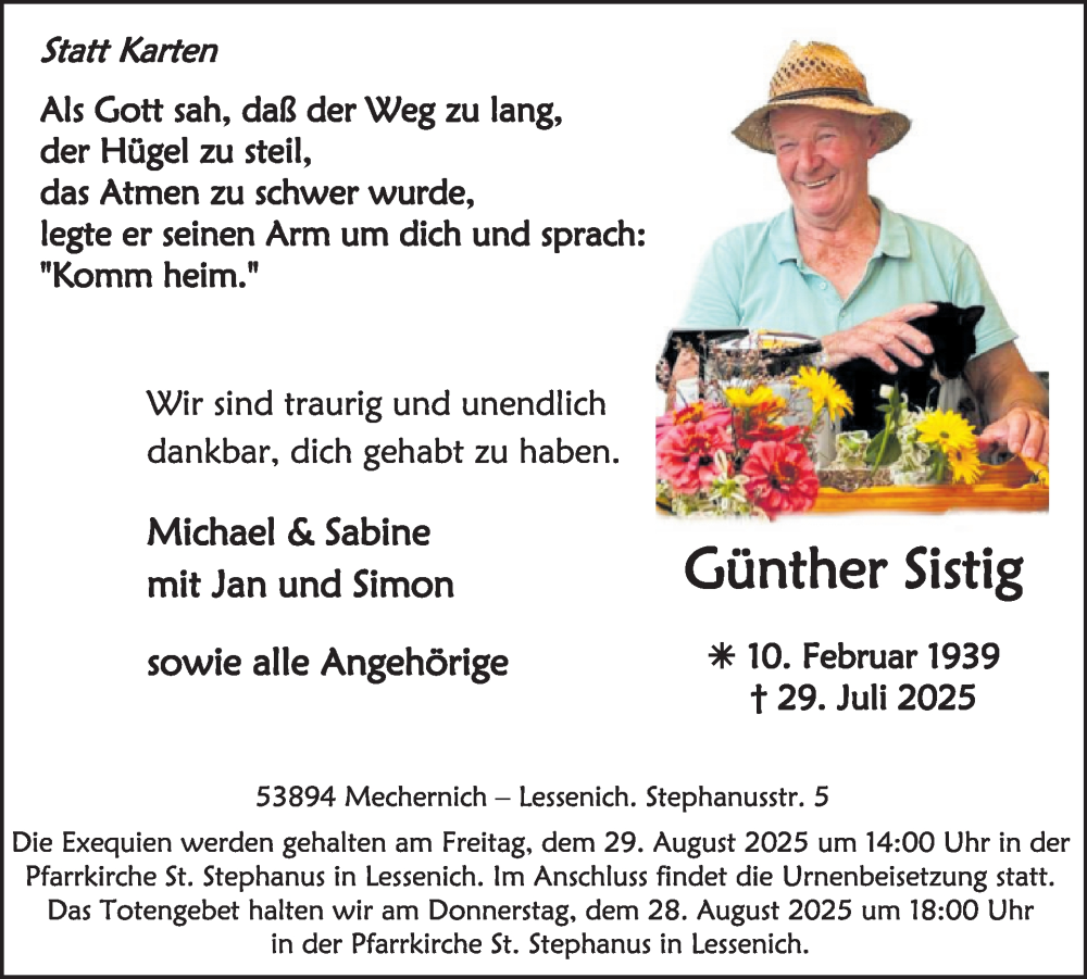  Traueranzeige für Günther Sistig vom 20.08.2025 aus WochenSpiegel