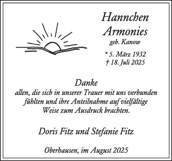 Traueranzeige von Hannchen Armonies von WochenSpiegel