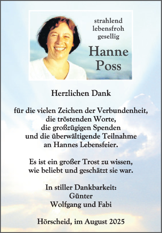 Traueranzeige von Hanne Poss von WochenSpiegel