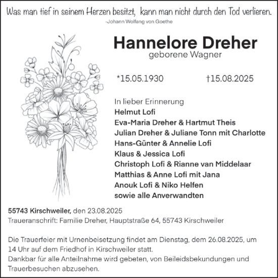 Traueranzeige von Hannelore Dreher von WochenSpiegel