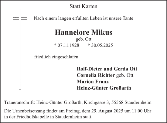 Traueranzeige von Hannelore Mikus von WochenSpiegel