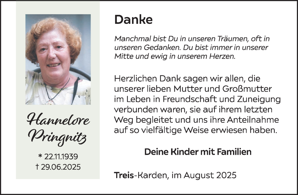  Traueranzeige für Hannelore Pringnitz vom 06.08.2025 aus WochenSpiegel