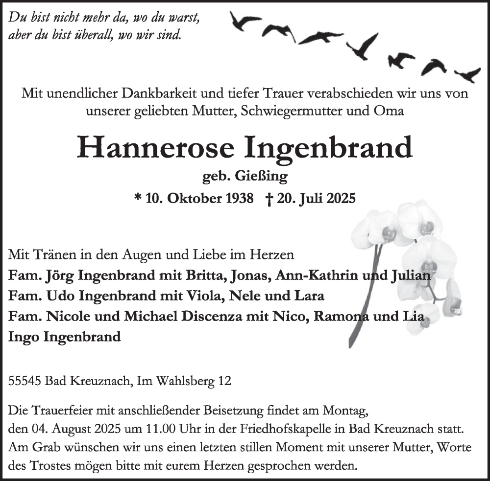  Traueranzeige für Hannerose Ingenbrand vom 02.08.2025 aus WochenSpiegel