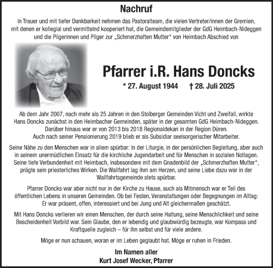 Traueranzeige von Hans Doncks von WochenSpiegel