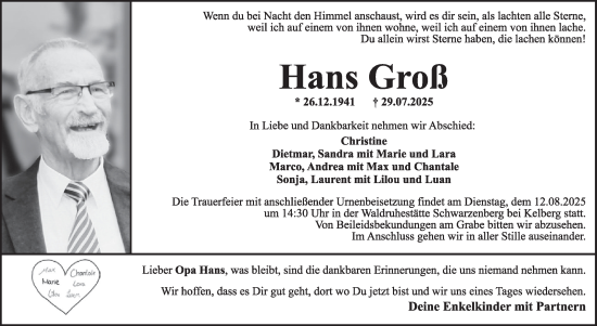 Traueranzeige von Hans Groß von WochenSpiegel