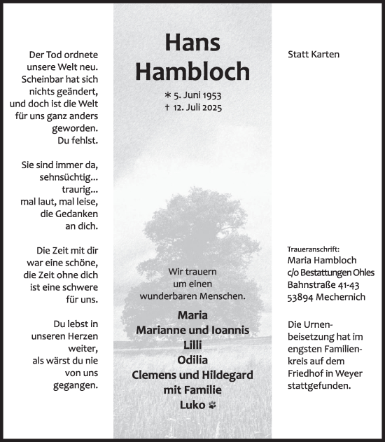 Traueranzeige von Hans Hambloch von WochenSpiegel