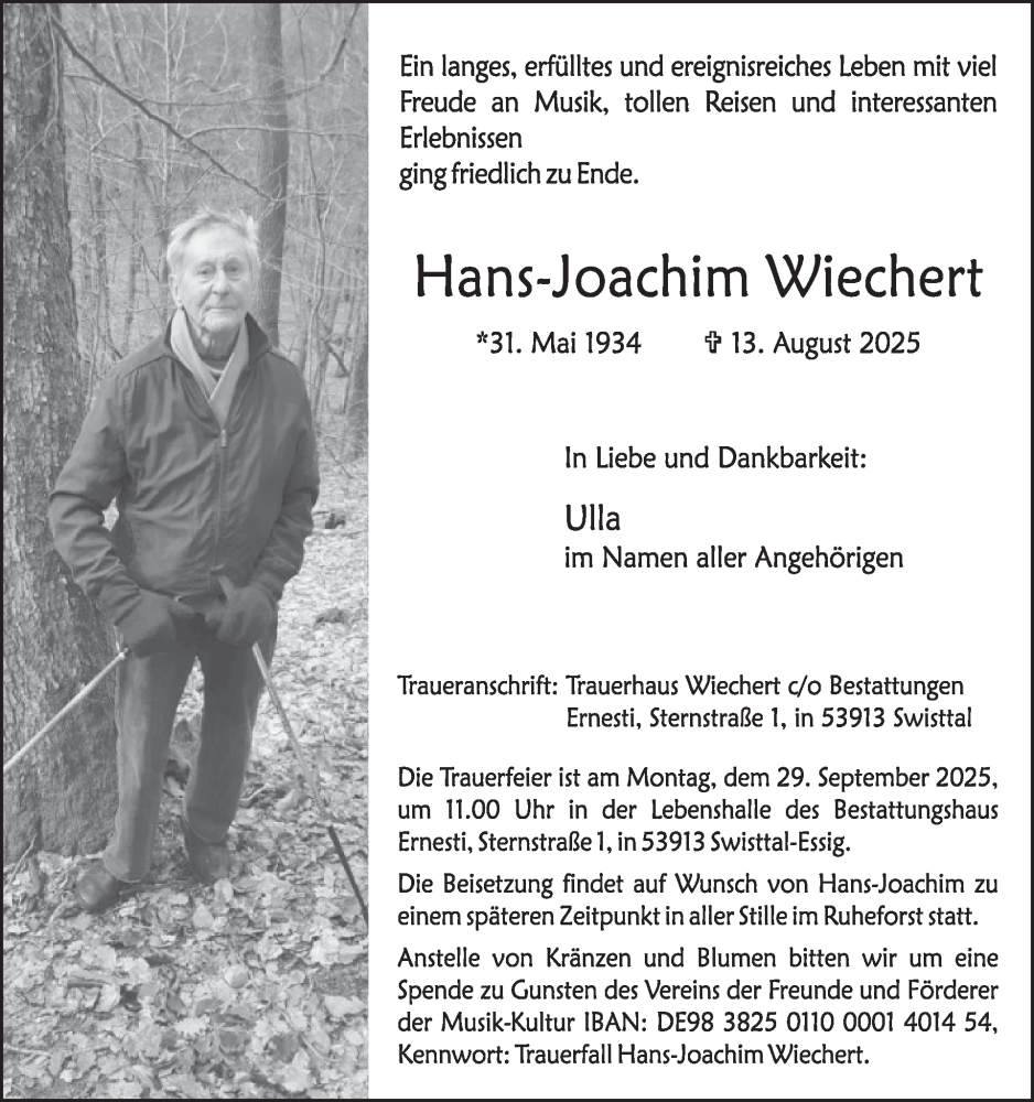  Traueranzeige für Hans-Joachim Wiechert vom 27.08.2025 aus WochenSpiegel