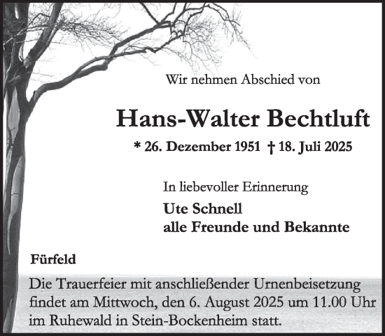 Traueranzeige von Hans-Walter Bechtluft von WochenSpiegel